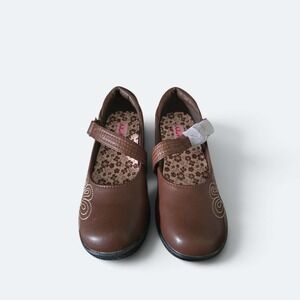 Girls Size 1 Brown Mary Jane Dress Shoes Floral Embroidery Low Wedge